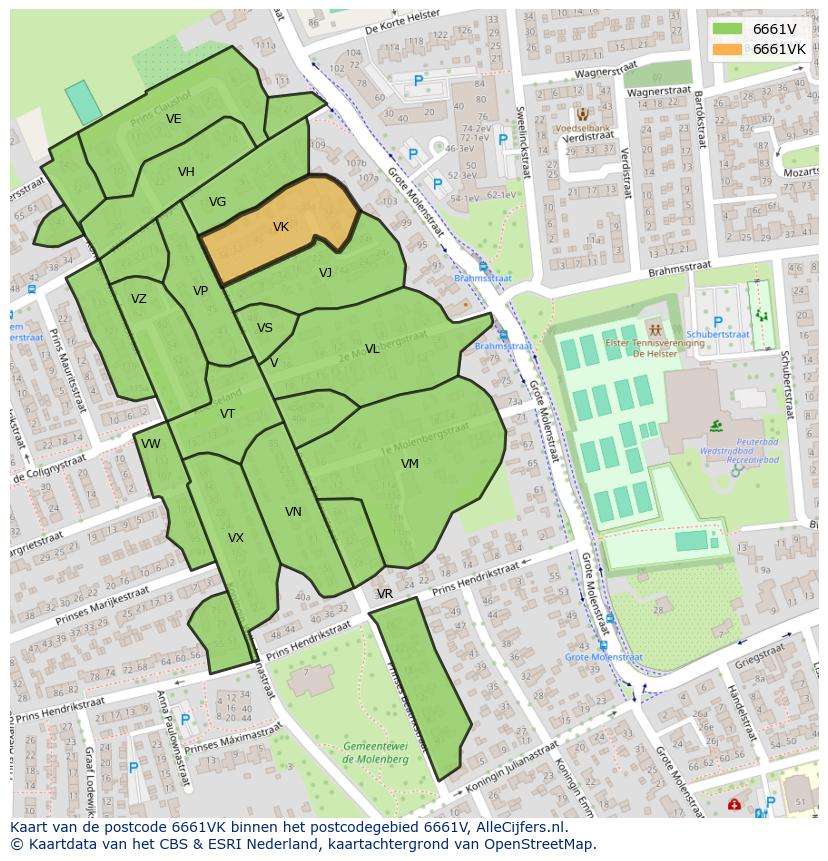 Afbeelding van het postcodegebied 6661 VK op de kaart.
