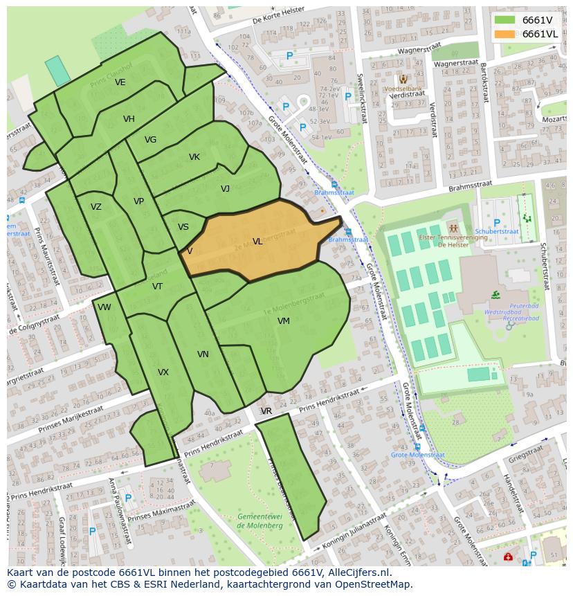 Afbeelding van het postcodegebied 6661 VL op de kaart.