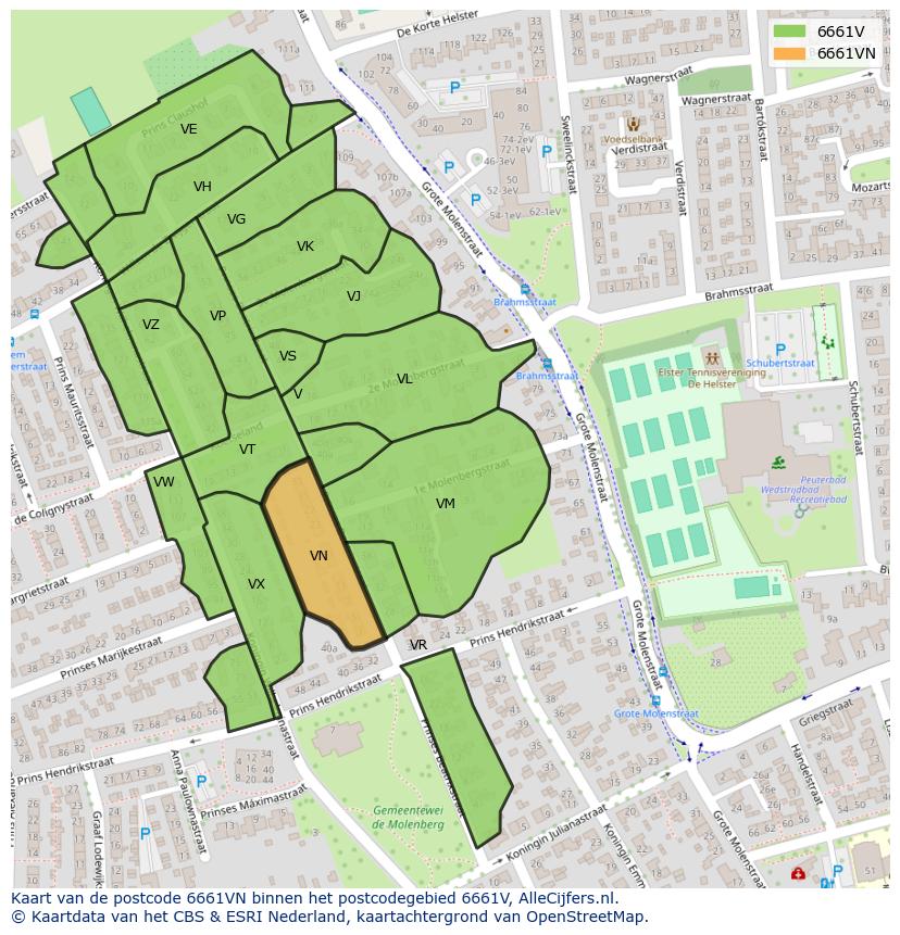 Afbeelding van het postcodegebied 6661 VN op de kaart.