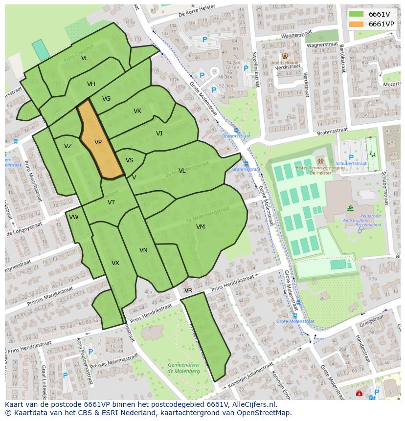 Afbeelding van het postcodegebied 6661 VP op de kaart.