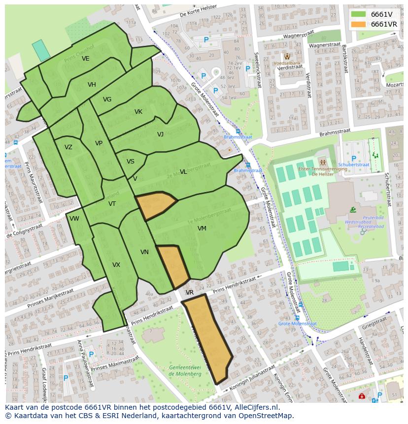 Afbeelding van het postcodegebied 6661 VR op de kaart.