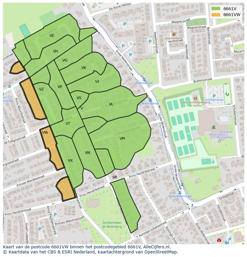 Afbeelding van het postcodegebied 6661 VW op de kaart.