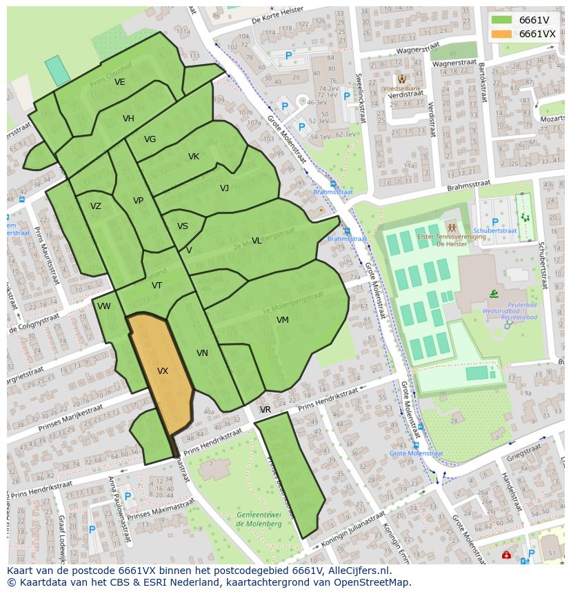 Afbeelding van het postcodegebied 6661 VX op de kaart.