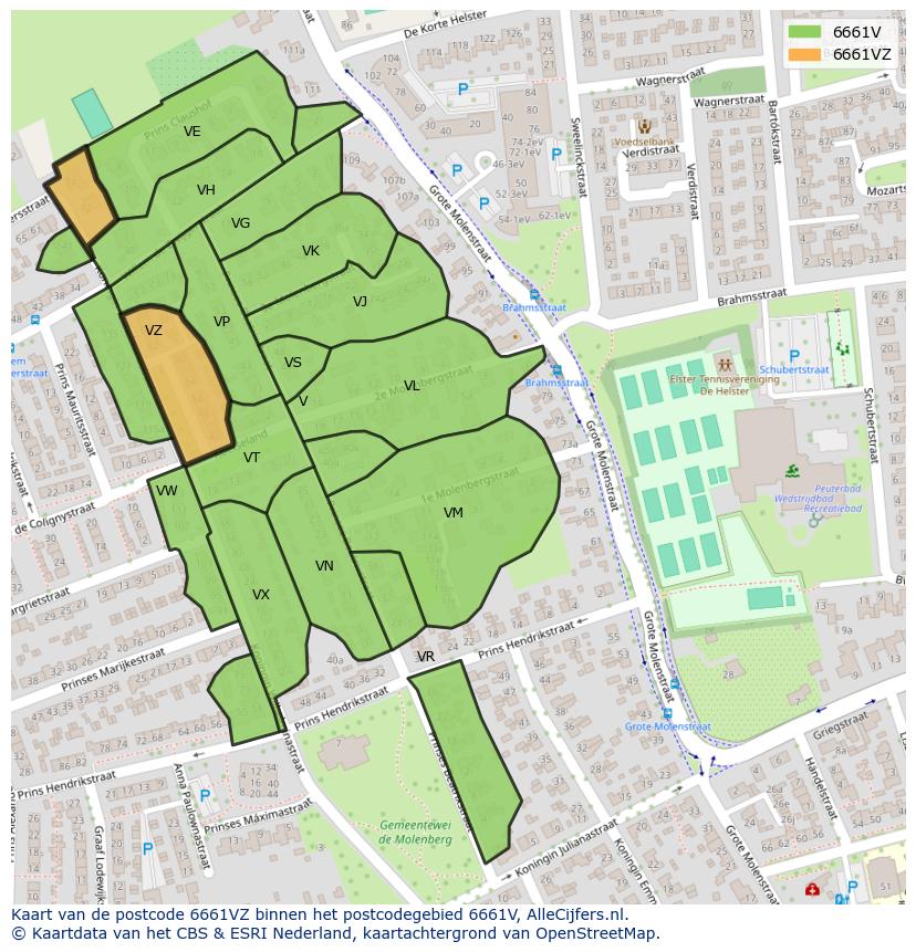 Afbeelding van het postcodegebied 6661 VZ op de kaart.