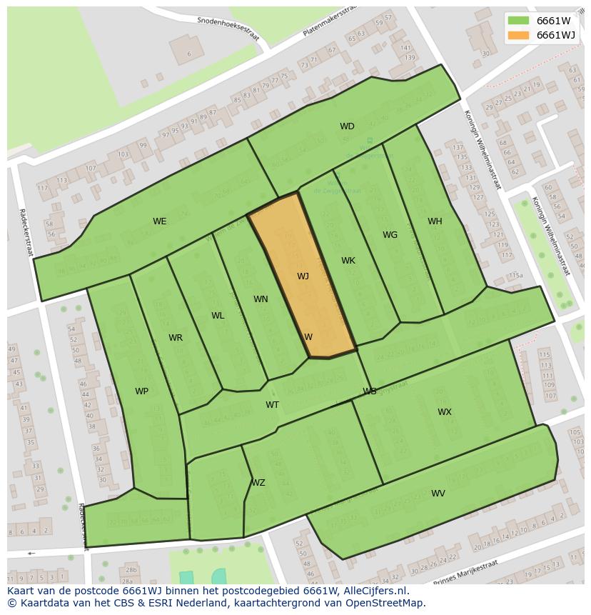 Afbeelding van het postcodegebied 6661 WJ op de kaart.