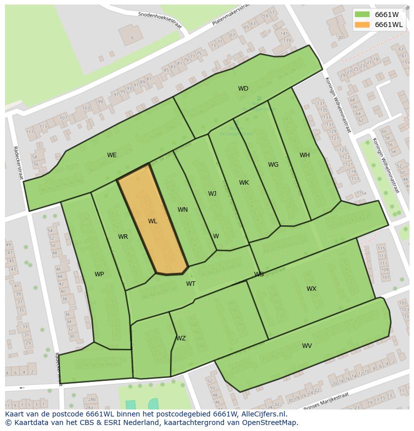 Afbeelding van het postcodegebied 6661 WL op de kaart.