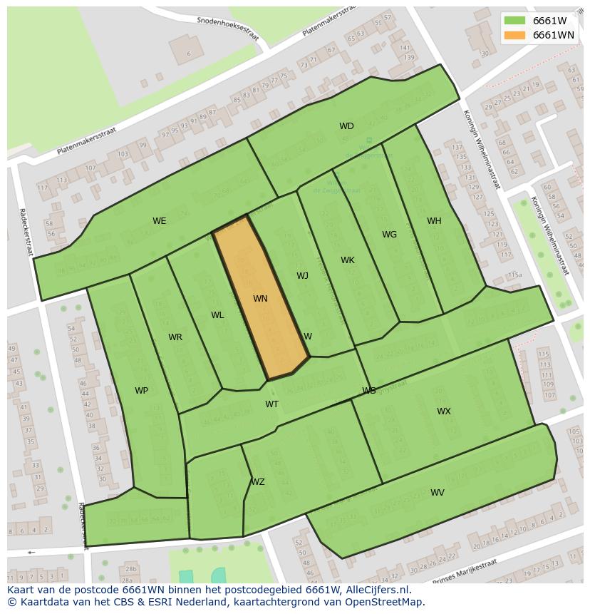Afbeelding van het postcodegebied 6661 WN op de kaart.