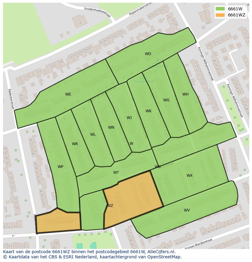 Afbeelding van het postcodegebied 6661 WZ op de kaart.