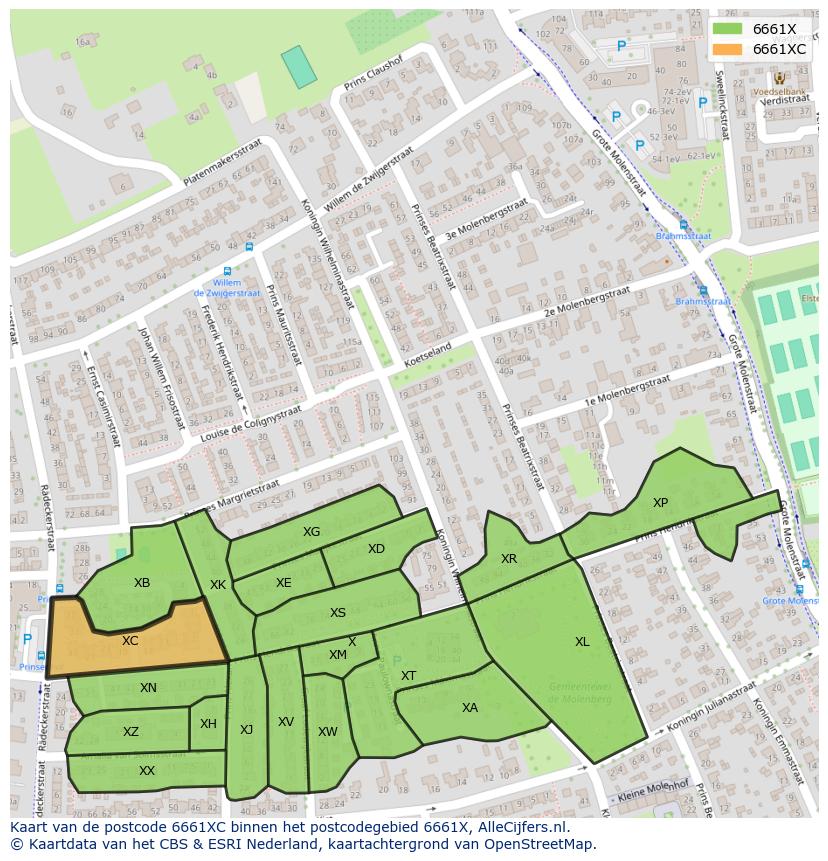 Afbeelding van het postcodegebied 6661 XC op de kaart.