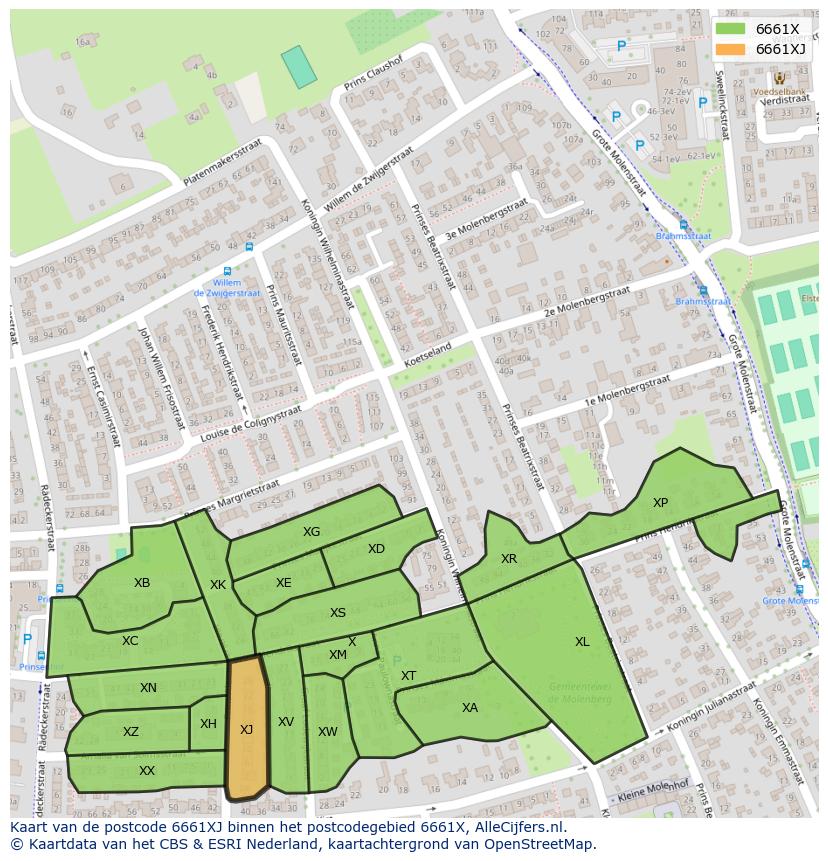 Afbeelding van het postcodegebied 6661 XJ op de kaart.