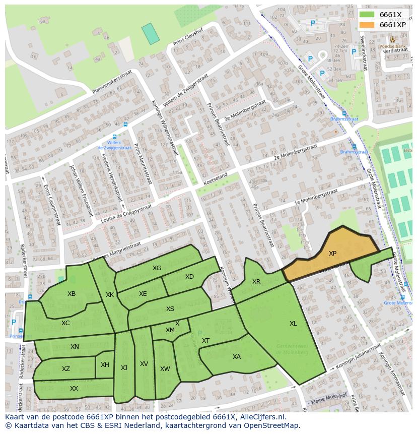 Afbeelding van het postcodegebied 6661 XP op de kaart.