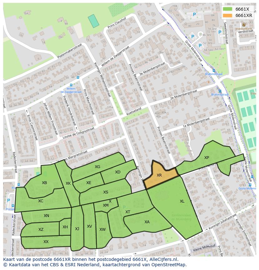 Afbeelding van het postcodegebied 6661 XR op de kaart.