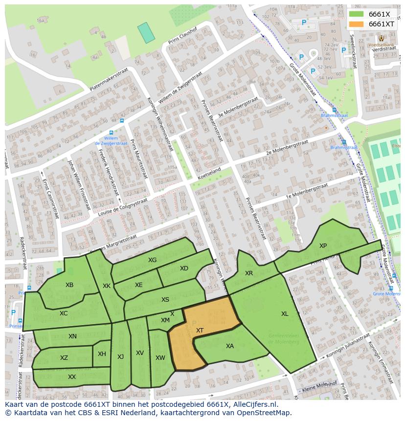 Afbeelding van het postcodegebied 6661 XT op de kaart.