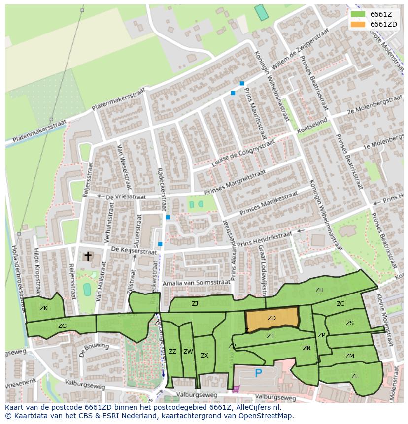Afbeelding van het postcodegebied 6661 ZD op de kaart.