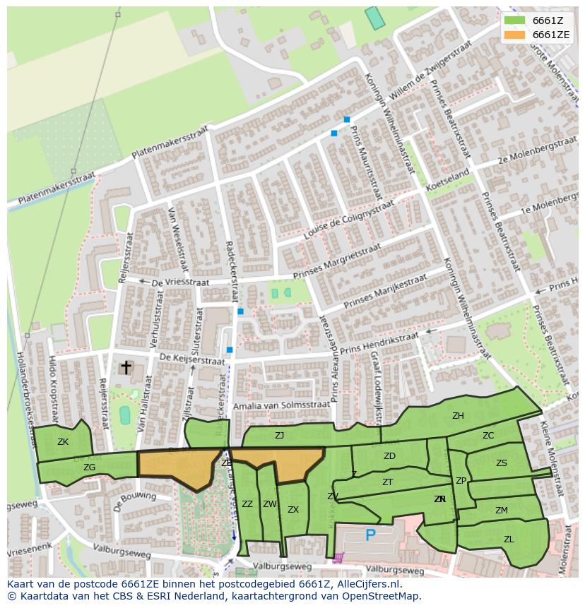 Afbeelding van het postcodegebied 6661 ZE op de kaart.
