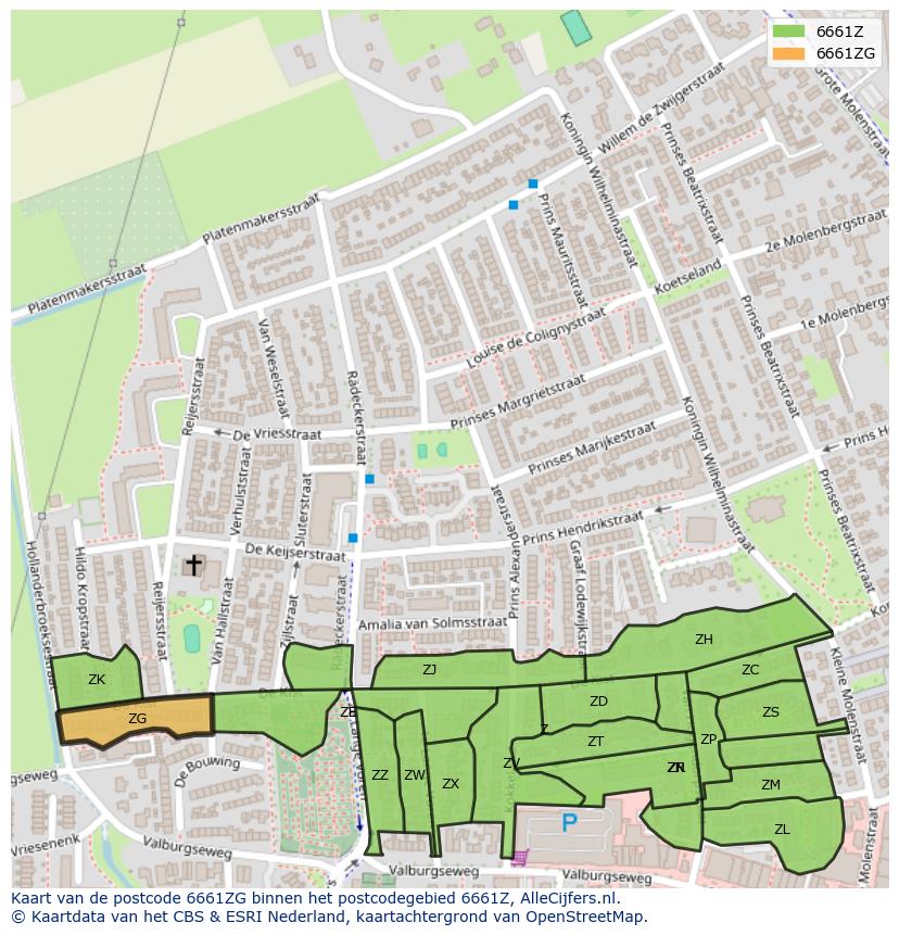 Afbeelding van het postcodegebied 6661 ZG op de kaart.
