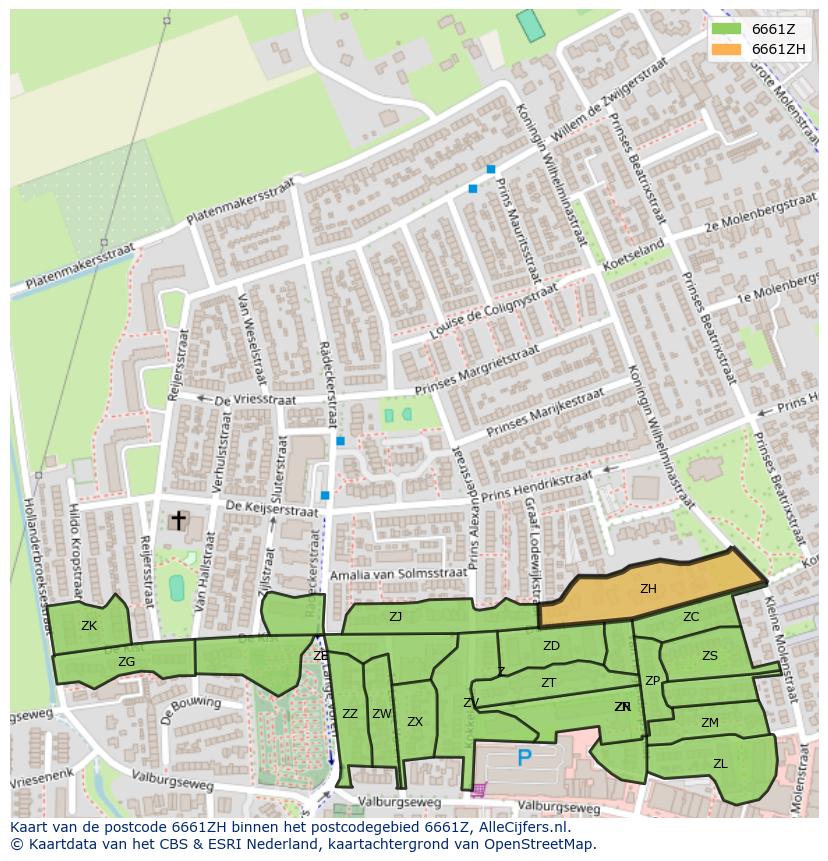 Afbeelding van het postcodegebied 6661 ZH op de kaart.