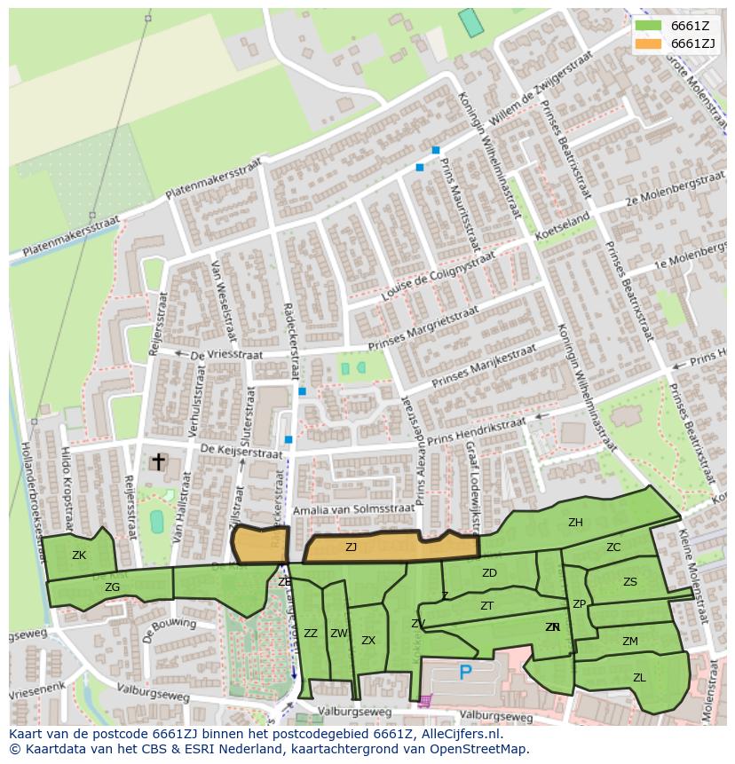 Afbeelding van het postcodegebied 6661 ZJ op de kaart.