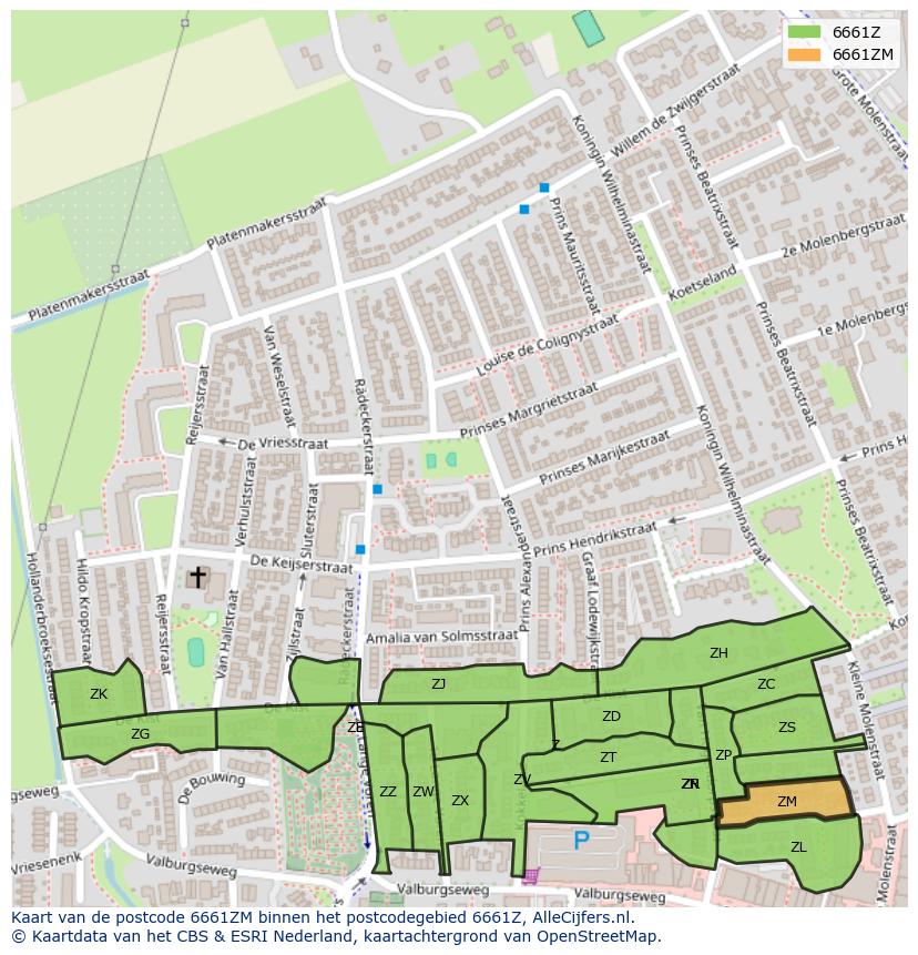 Afbeelding van het postcodegebied 6661 ZM op de kaart.
