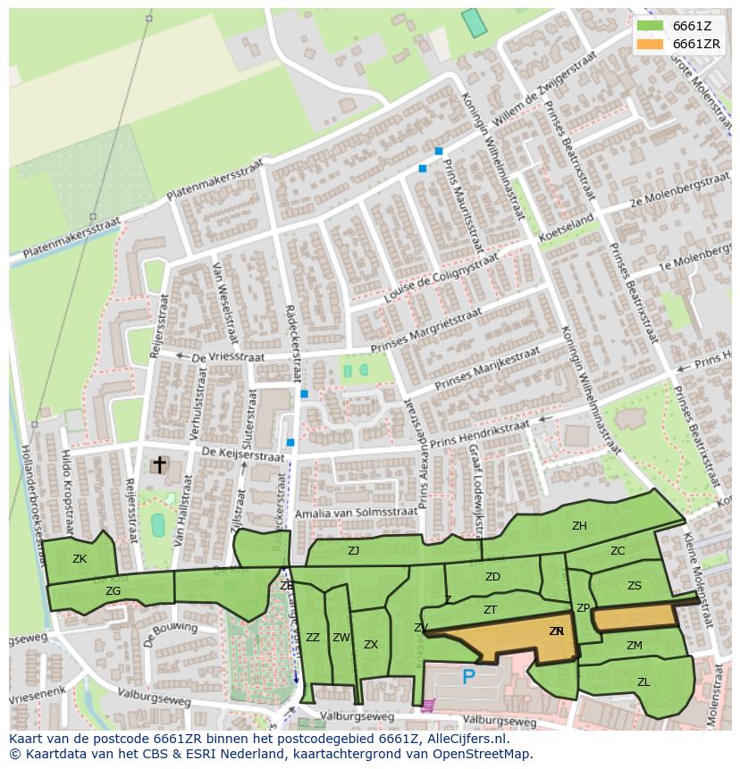 Afbeelding van het postcodegebied 6661 ZR op de kaart.