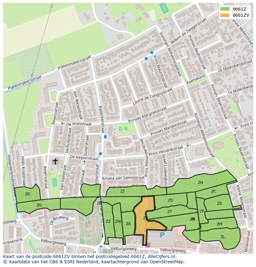 Afbeelding van het postcodegebied 6661 ZV op de kaart.