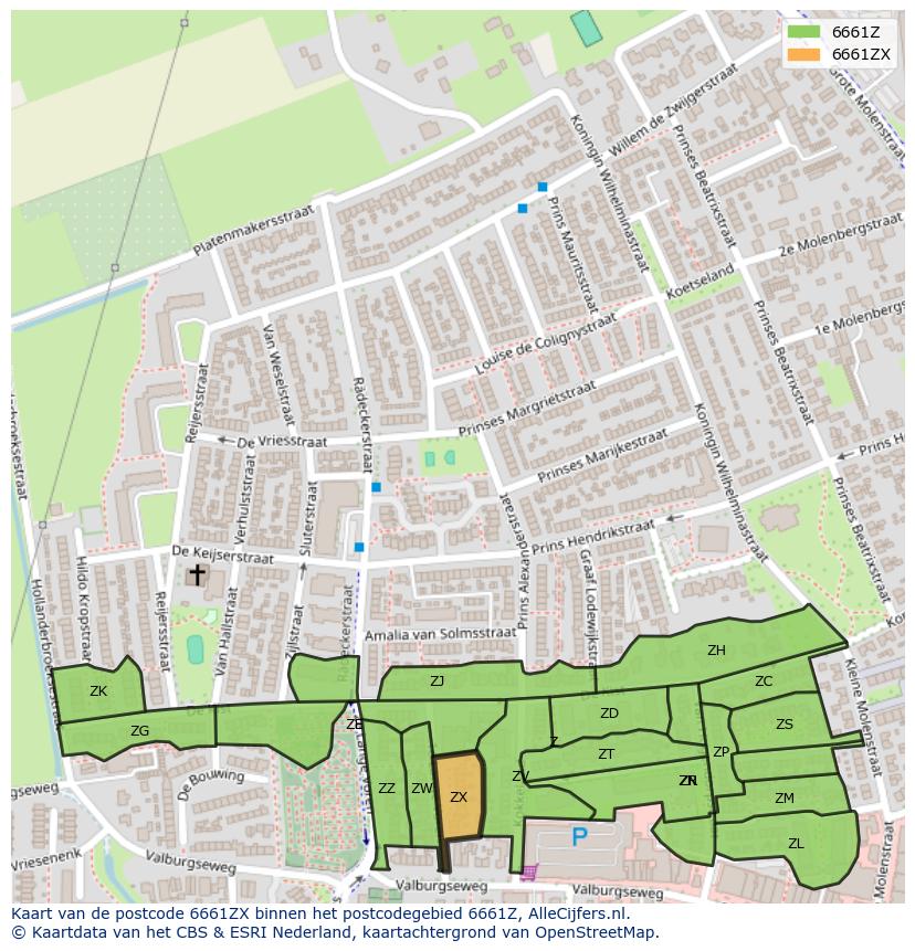 Afbeelding van het postcodegebied 6661 ZX op de kaart.