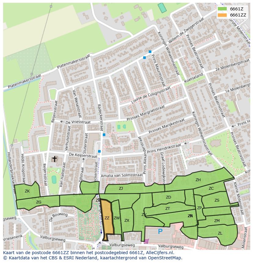 Afbeelding van het postcodegebied 6661 ZZ op de kaart.