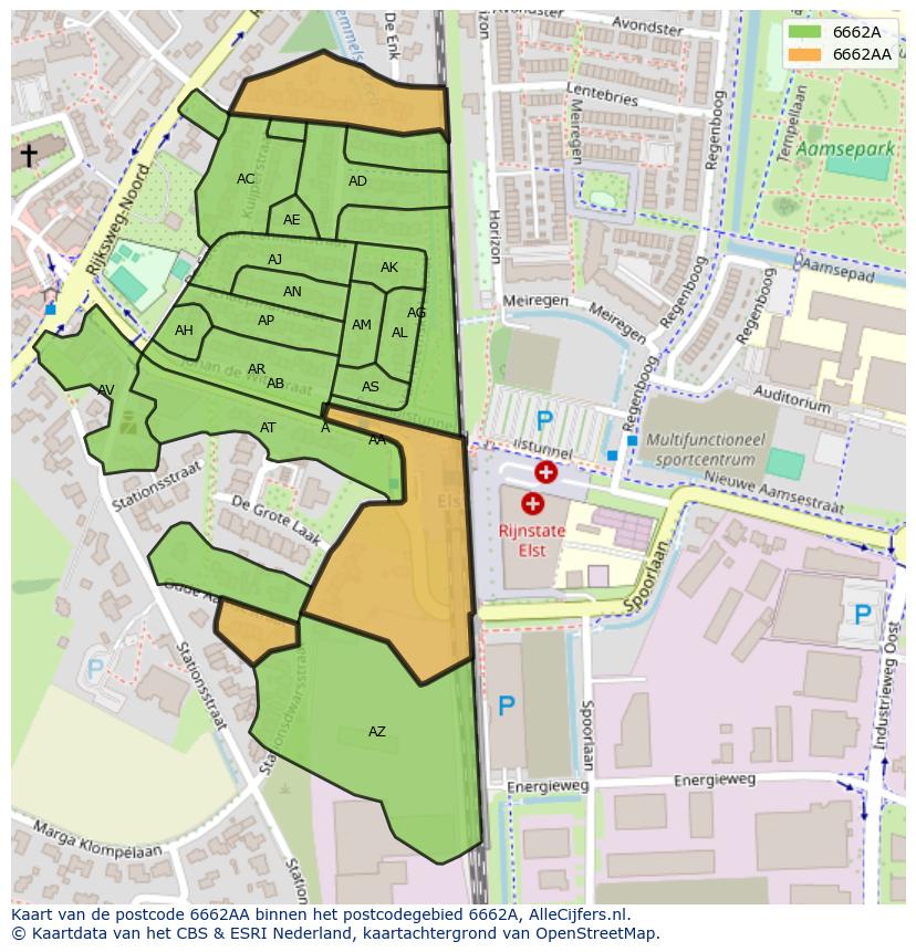 Afbeelding van het postcodegebied 6662 AA op de kaart.