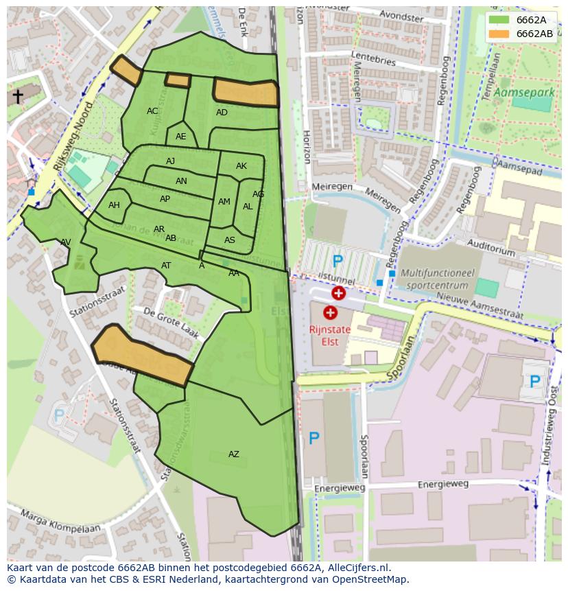 Afbeelding van het postcodegebied 6662 AB op de kaart.