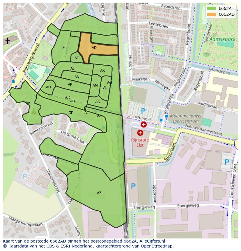 Afbeelding van het postcodegebied 6662 AD op de kaart.