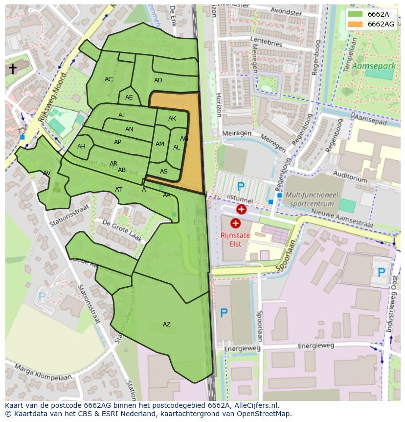 Afbeelding van het postcodegebied 6662 AG op de kaart.
