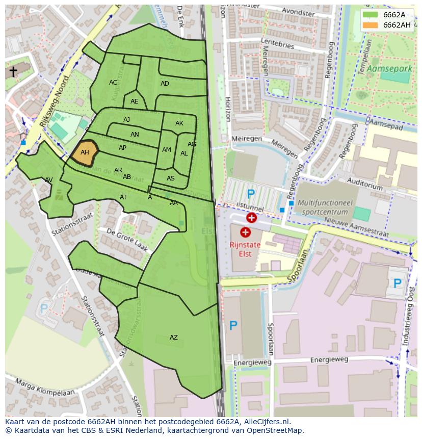 Afbeelding van het postcodegebied 6662 AH op de kaart.