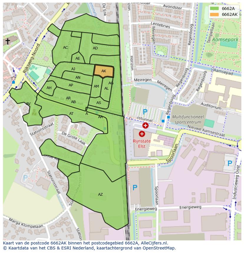 Afbeelding van het postcodegebied 6662 AK op de kaart.