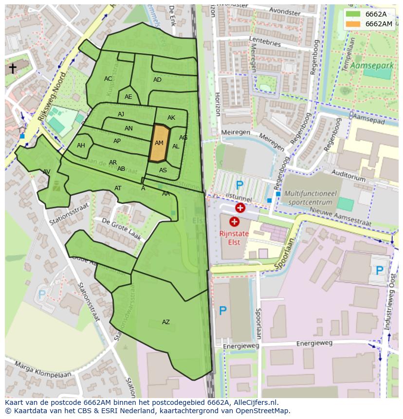 Afbeelding van het postcodegebied 6662 AM op de kaart.