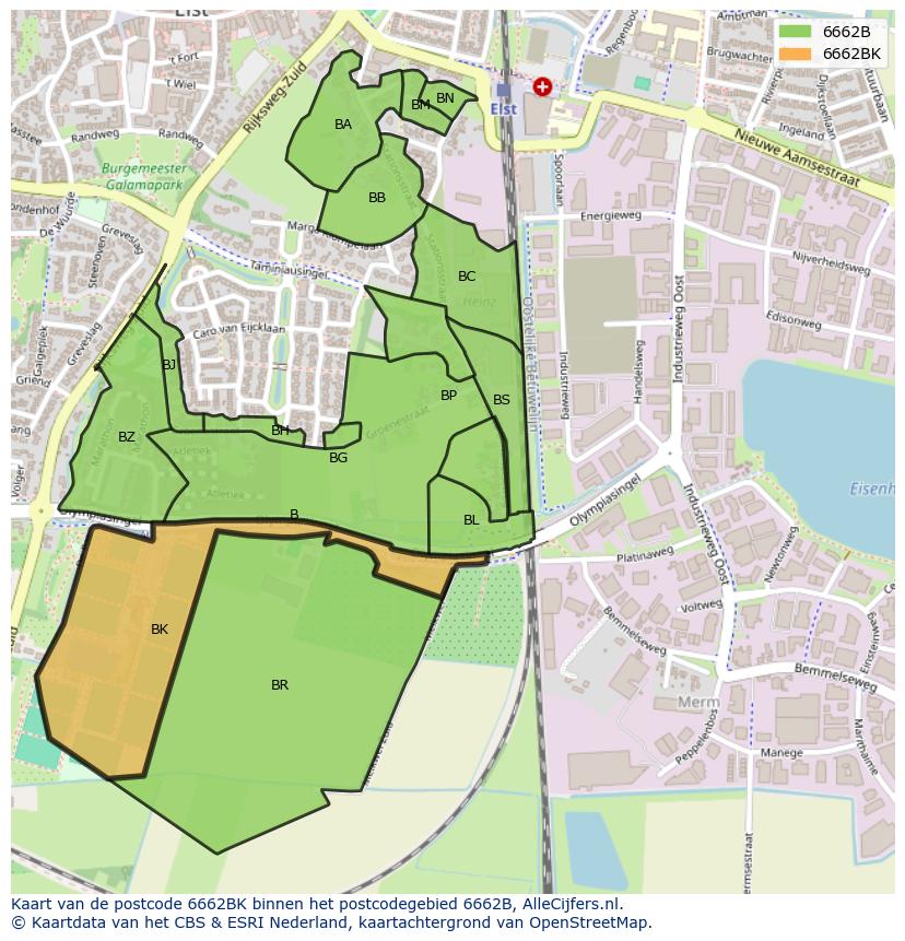 Afbeelding van het postcodegebied 6662 BK op de kaart.