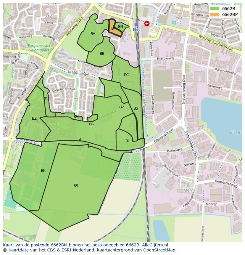 Afbeelding van het postcodegebied 6662 BM op de kaart.
