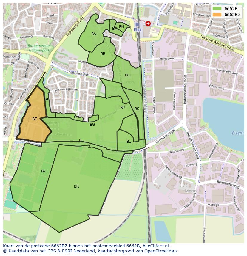 Afbeelding van het postcodegebied 6662 BZ op de kaart.