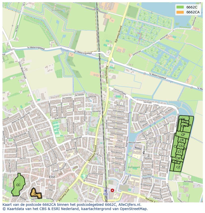 Afbeelding van het postcodegebied 6662 CA op de kaart.