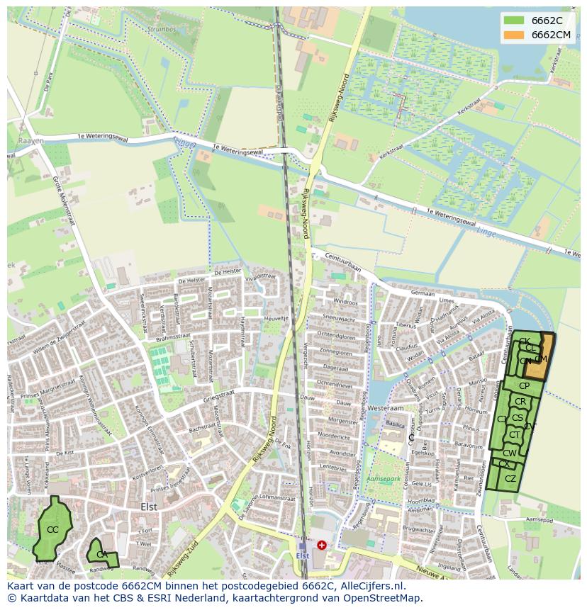 Afbeelding van het postcodegebied 6662 CM op de kaart.