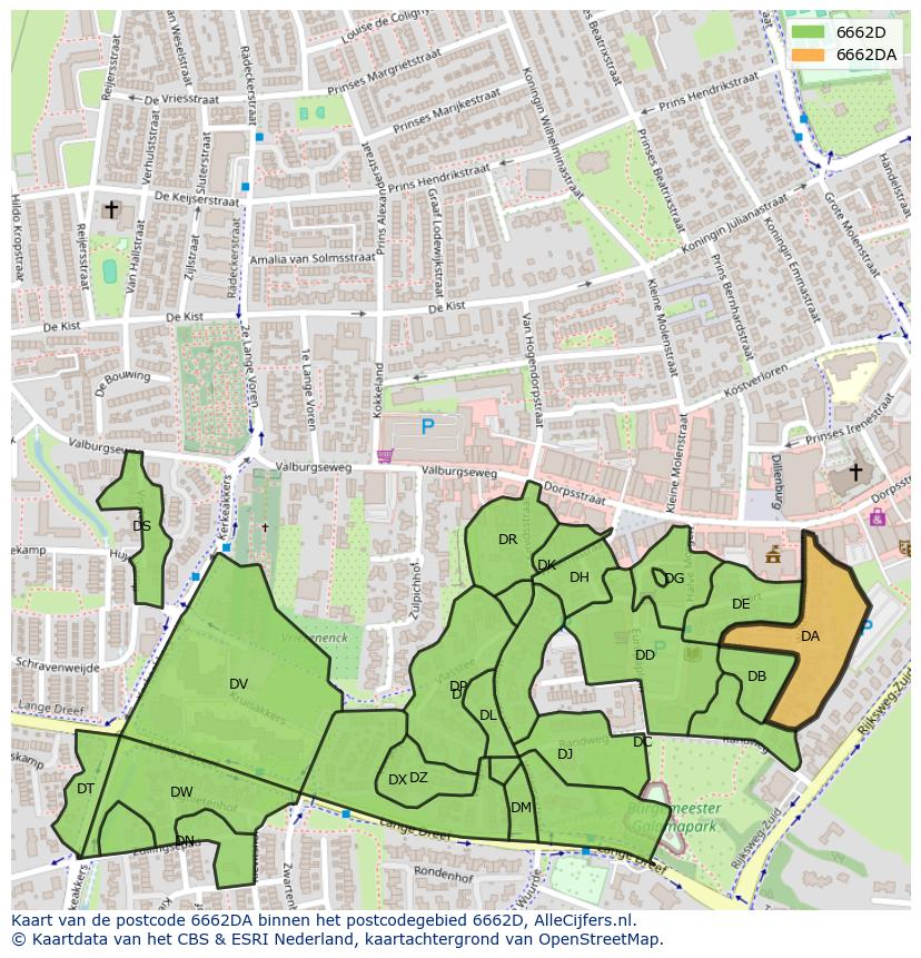 Afbeelding van het postcodegebied 6662 DA op de kaart.