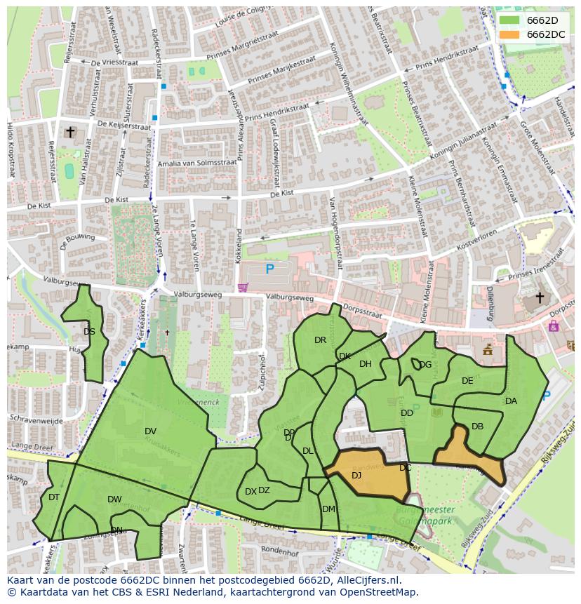 Afbeelding van het postcodegebied 6662 DC op de kaart.