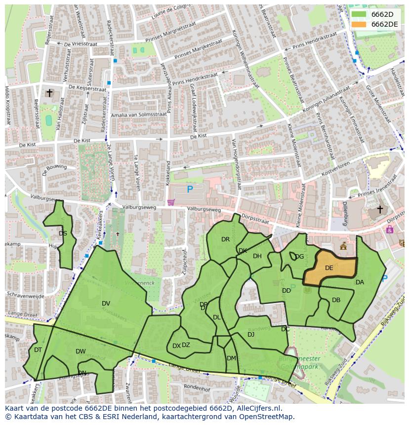 Afbeelding van het postcodegebied 6662 DE op de kaart.