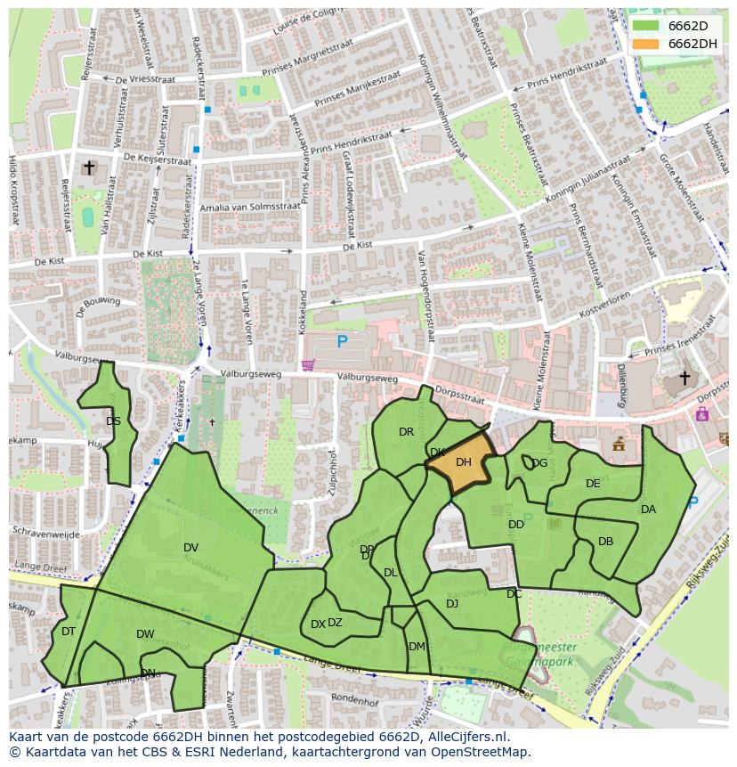 Afbeelding van het postcodegebied 6662 DH op de kaart.
