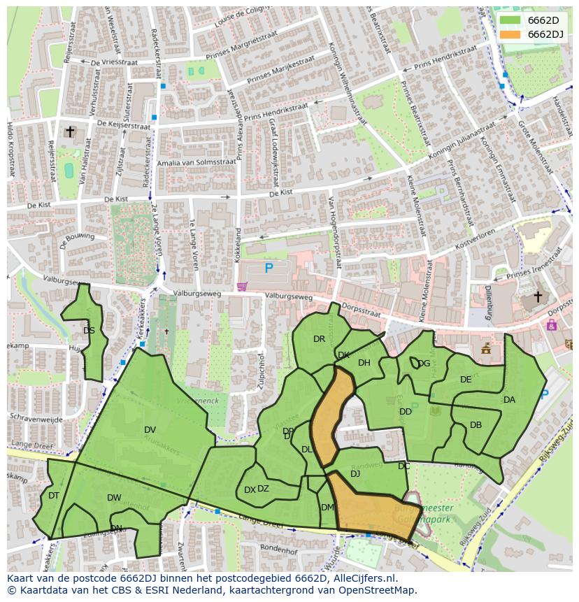Afbeelding van het postcodegebied 6662 DJ op de kaart.