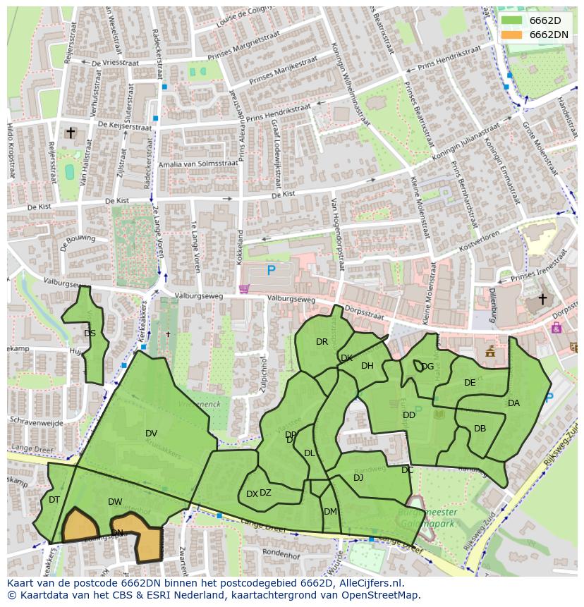 Afbeelding van het postcodegebied 6662 DN op de kaart.