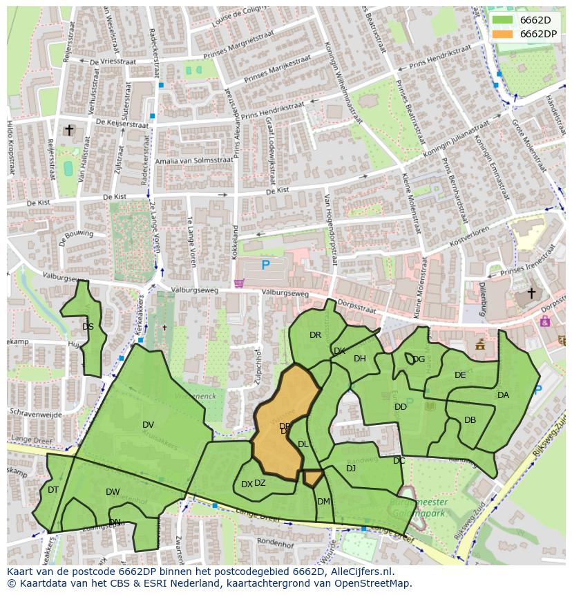 Afbeelding van het postcodegebied 6662 DP op de kaart.