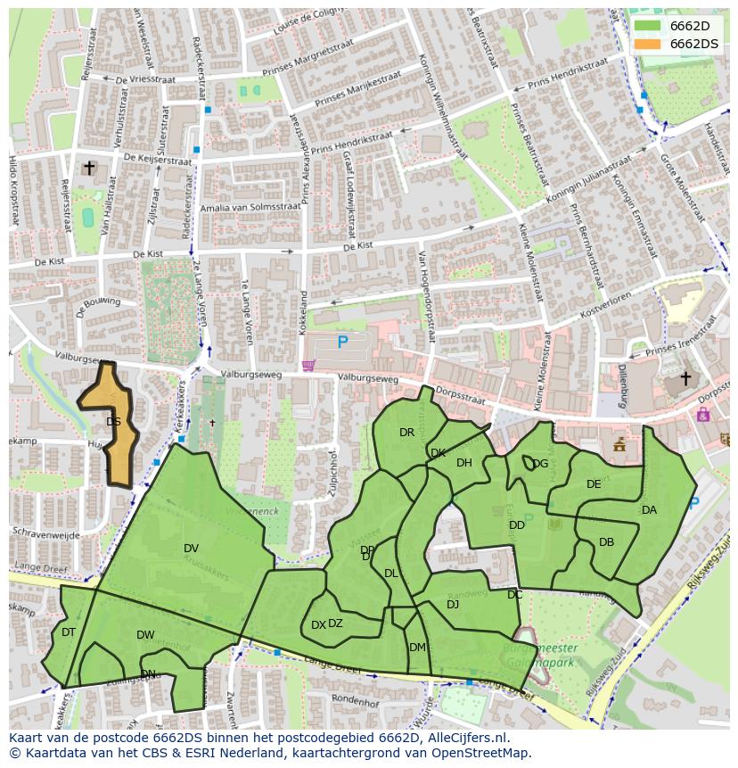 Afbeelding van het postcodegebied 6662 DS op de kaart.