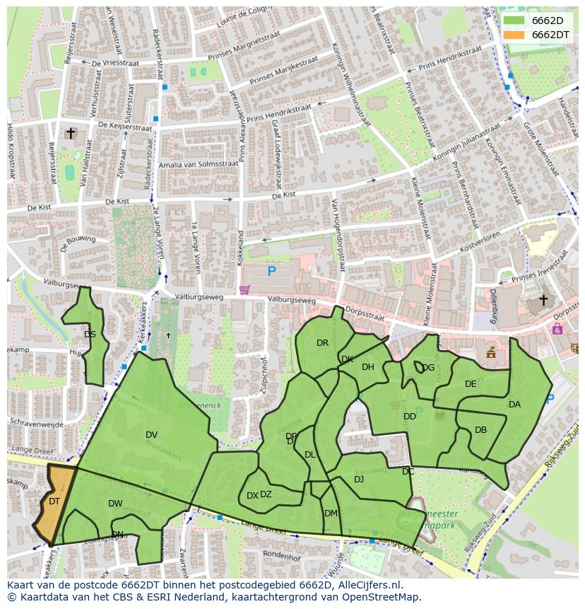 Afbeelding van het postcodegebied 6662 DT op de kaart.