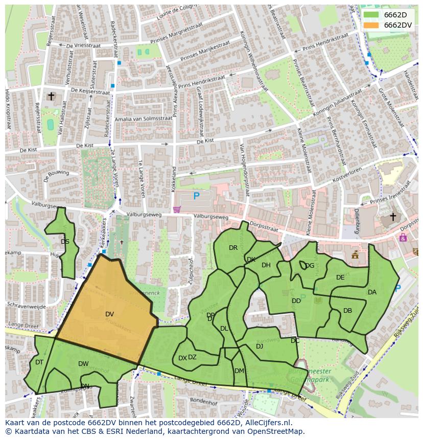 Afbeelding van het postcodegebied 6662 DV op de kaart.