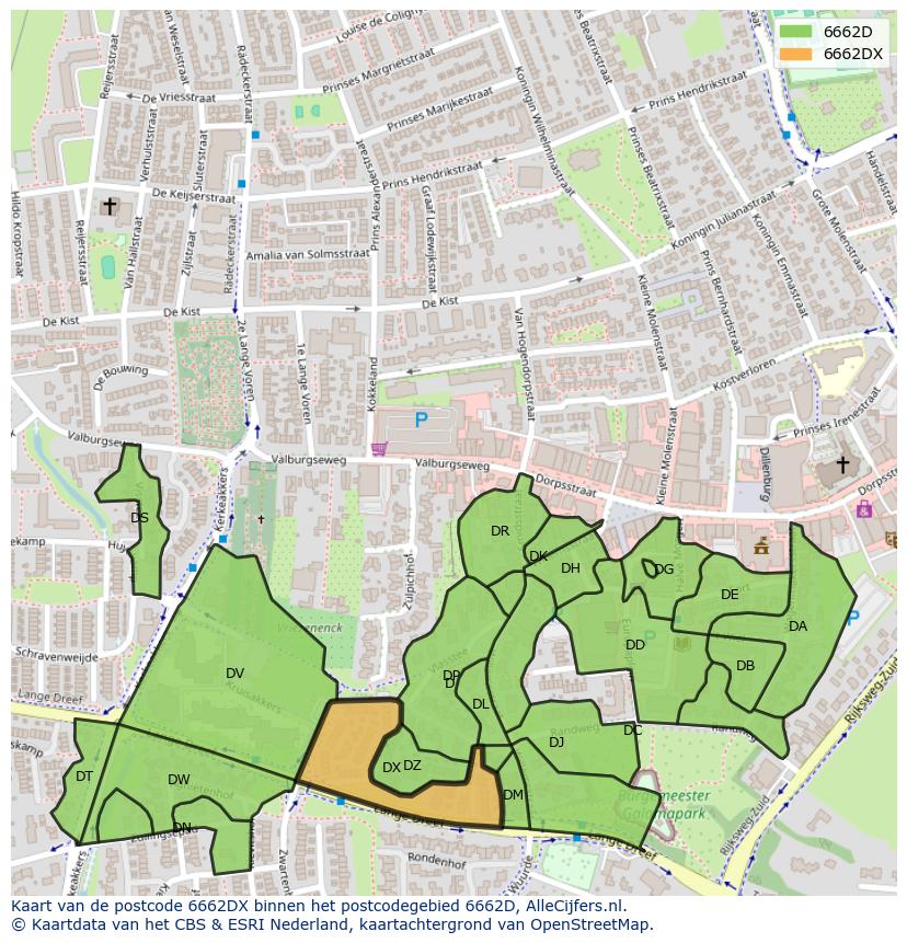 Afbeelding van het postcodegebied 6662 DX op de kaart.